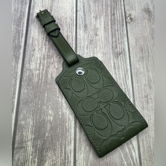 NWT COACH Luggage Tag Signature Leather Dark Shamrock Gunmetal Olive Green